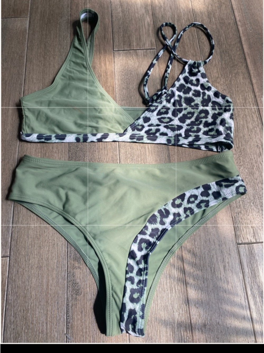 SHEIN Olive Green & Leopard Halter Bikini Set, Size L